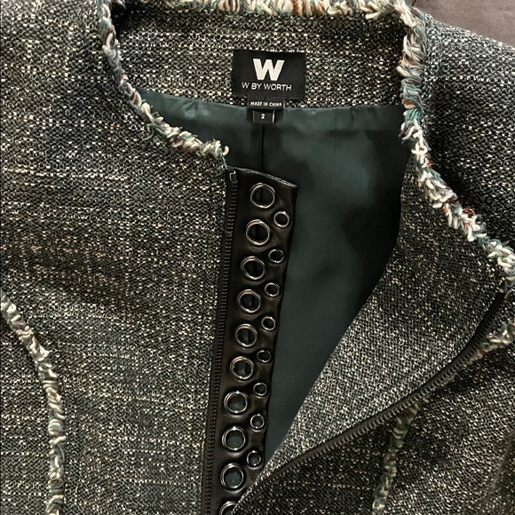 W by Worth Cypress Gray Tweed Peplum Grommet Jacket Size2 Tailored Frayed Fringe - Picture 11 of 11
